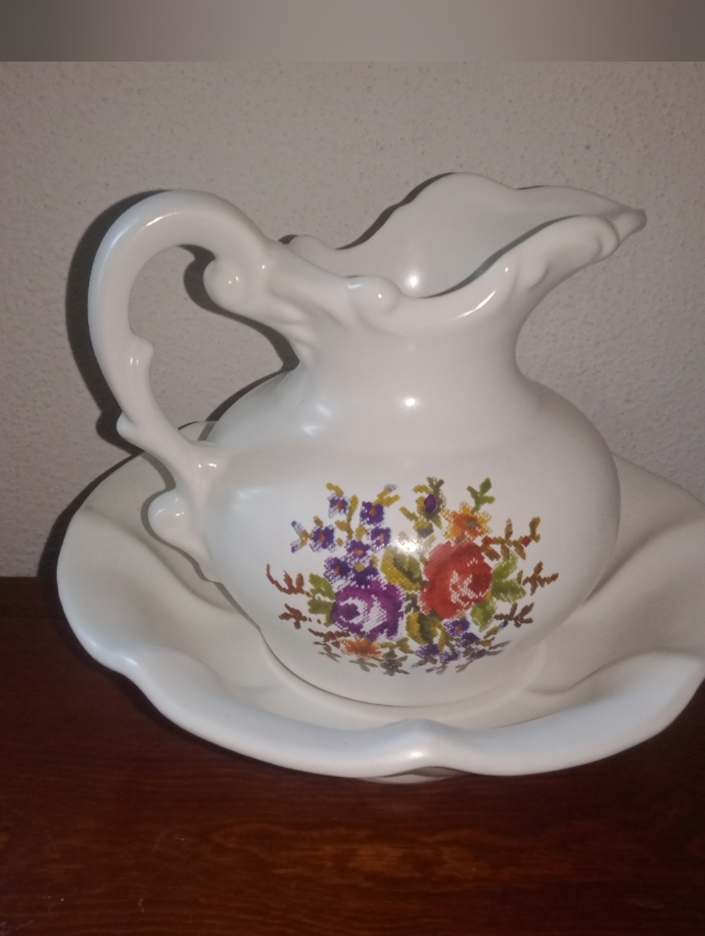 Vintage McCoy Small Wash Pitcher And Bowl 6 1/8" Tall Cross Stitch Flowers Purpl